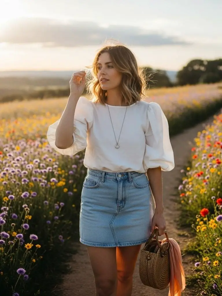 Puff Sleeve Top and Denim Skirt
