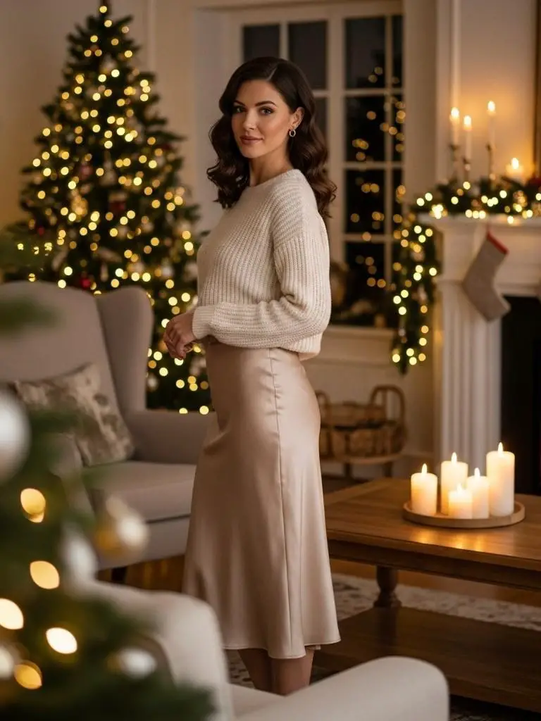 Satin Midi Skirt & Cozy Knit