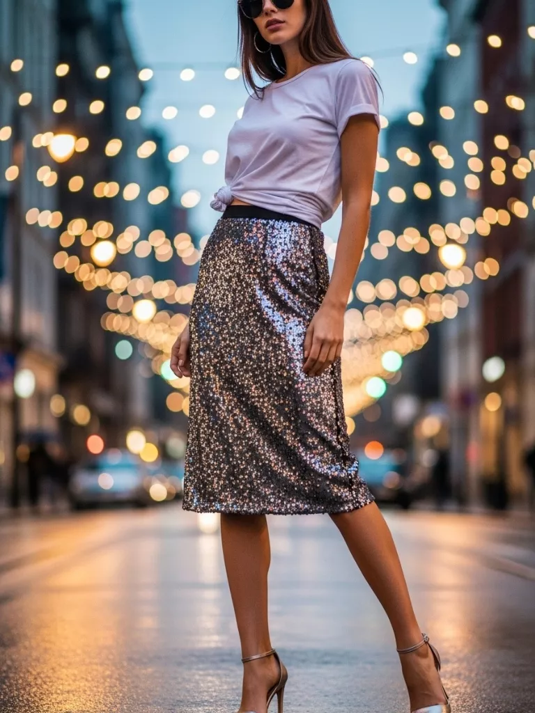 Sequin Skirt with Casual Top