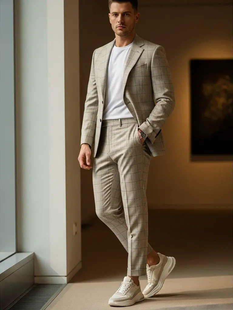 Tailored Suit + Neutral Chunky Sneakers