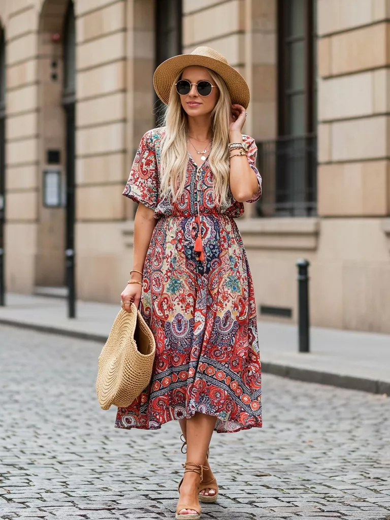 Vacation Look Printed Boho Dress + Floppy Hat + Espadrilles