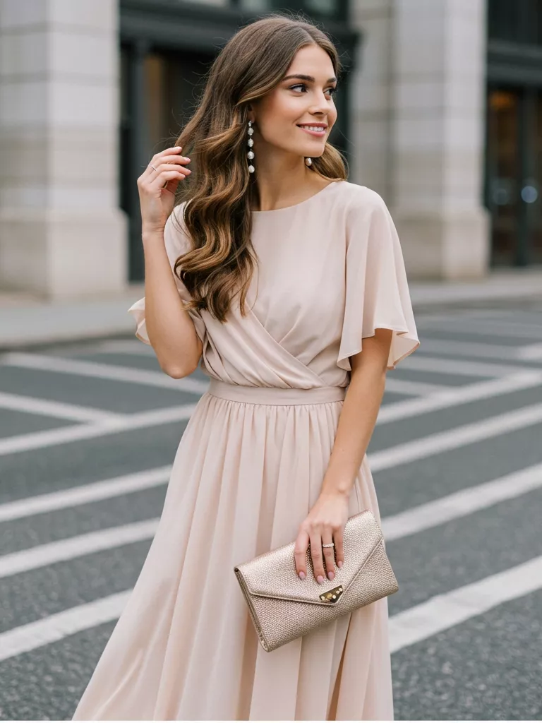 Wedding Guest Look Chiffon or Satin Maxi + Strappy Heels + Clutch