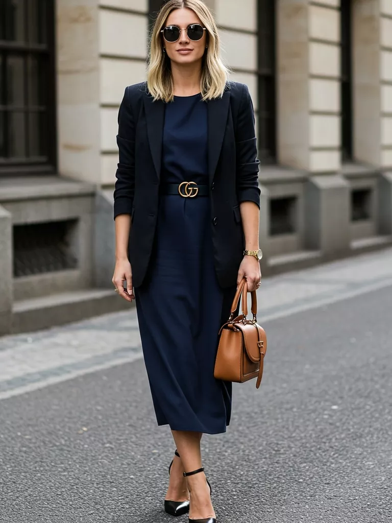 Work Look Solid Long Dress + Fitted Blazer + Block Heels