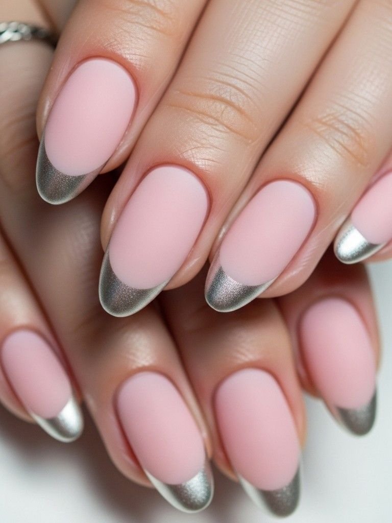 Baby Pink Nails With Silver Tips
