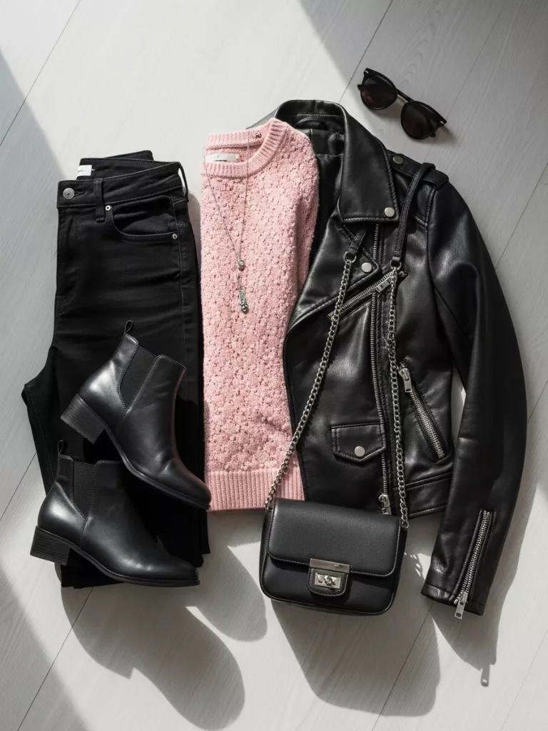 Black Jeans, Cute Top & Leather Jacket