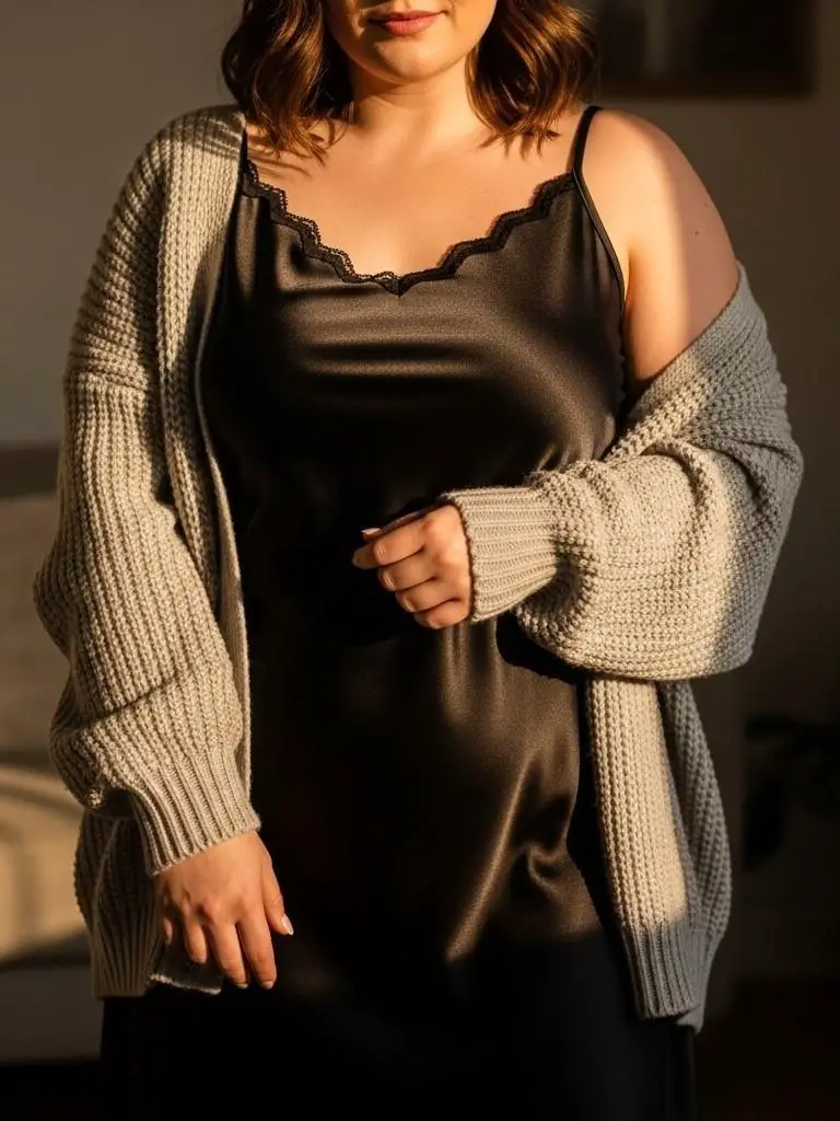 Black Satin Slip Dress & Cardigan