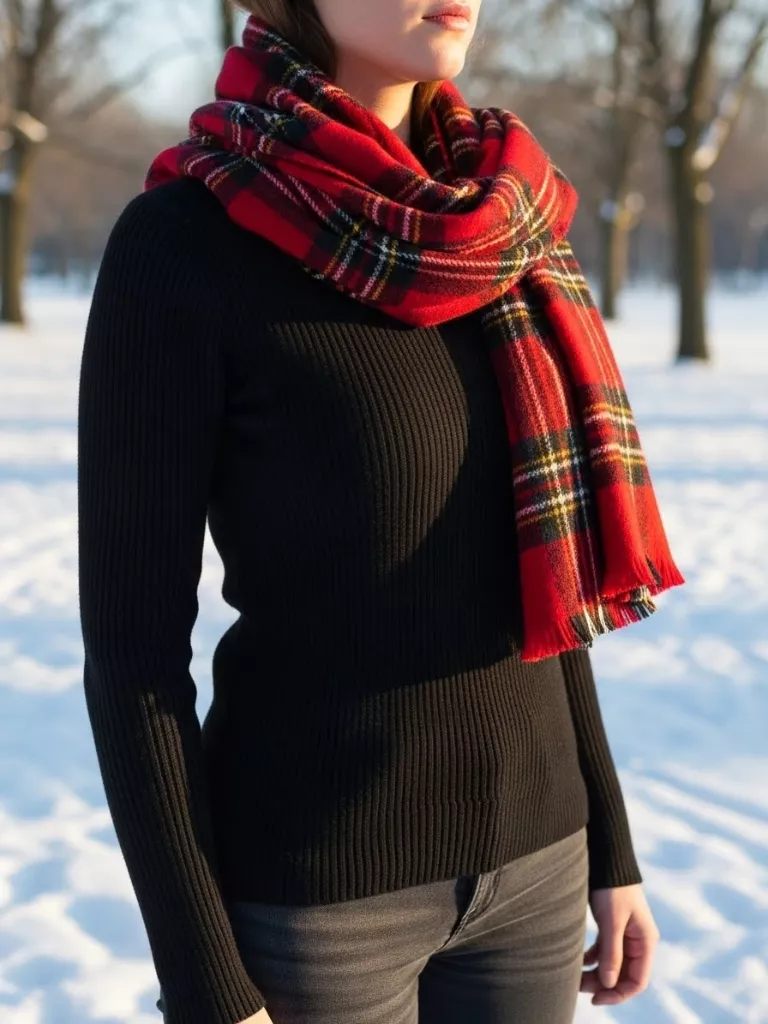 Black Sweater With Red Plaid Scarf