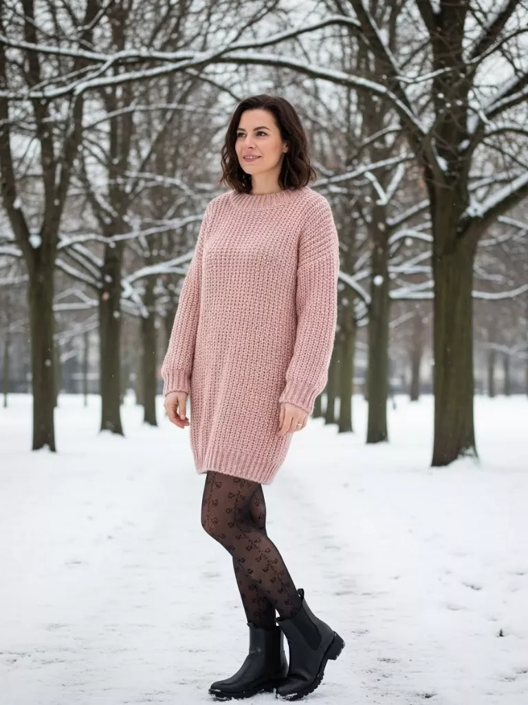 Blush Pink Sweater Dress With Tights