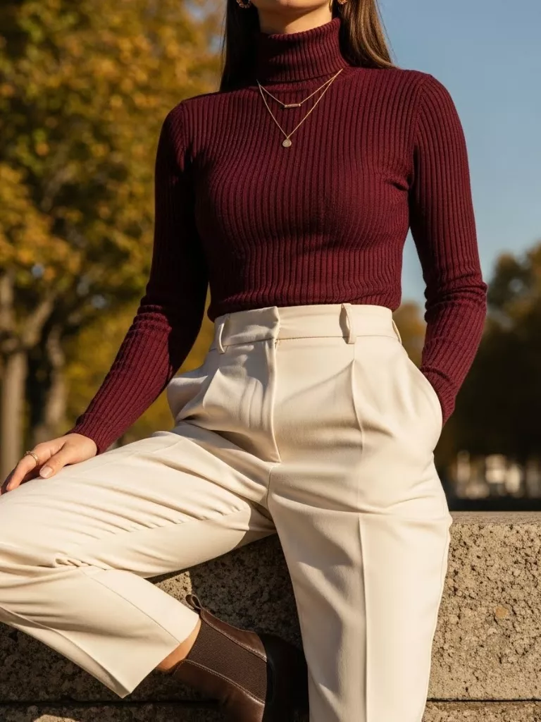 Burgundy Turtleneck With High-Waist Trousers