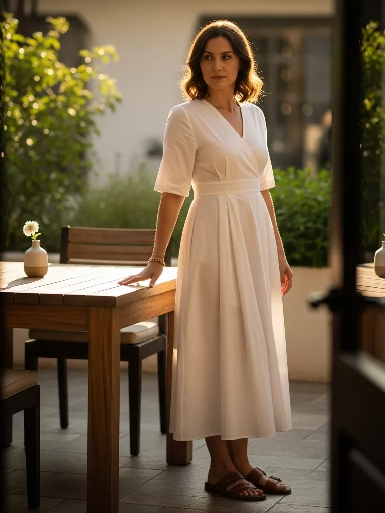 Classic White Dress and Brown Sandals