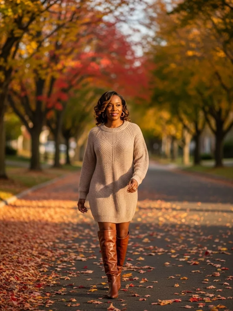 Cozy Knit Dress with Knee-High Boots
