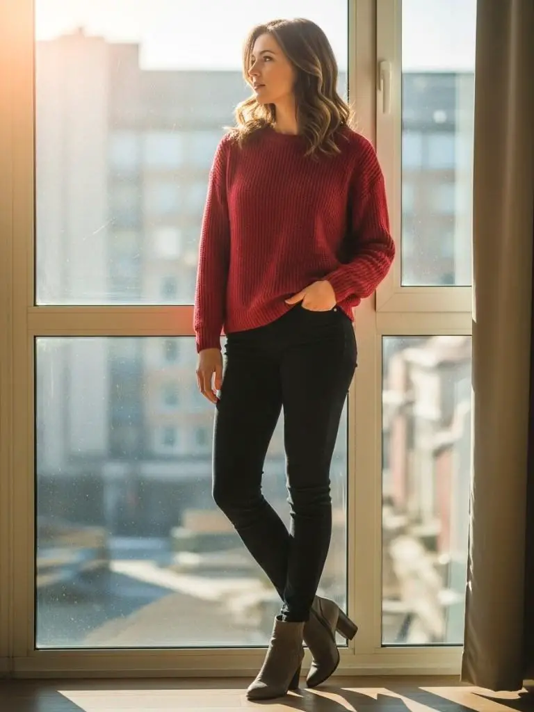 Cozy Red Sweater and Skinny Jeans