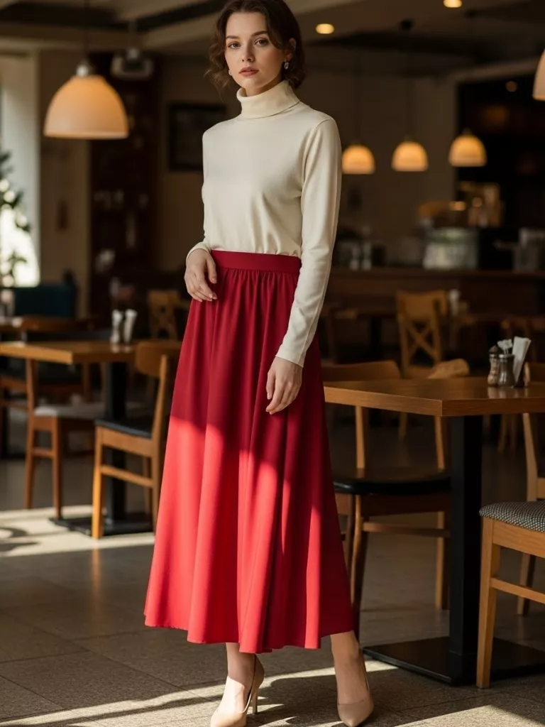 Cream Turtleneck With Red Midi Skirt