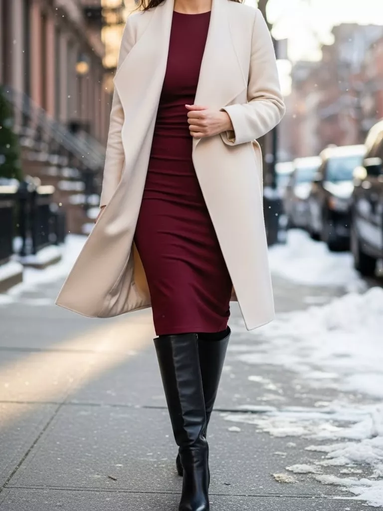  Cream Wrap Coat Over Burgundy Dress