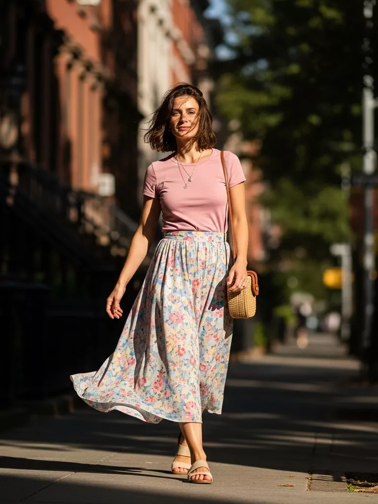 Floral Midi Skirt With a Fitted Tee