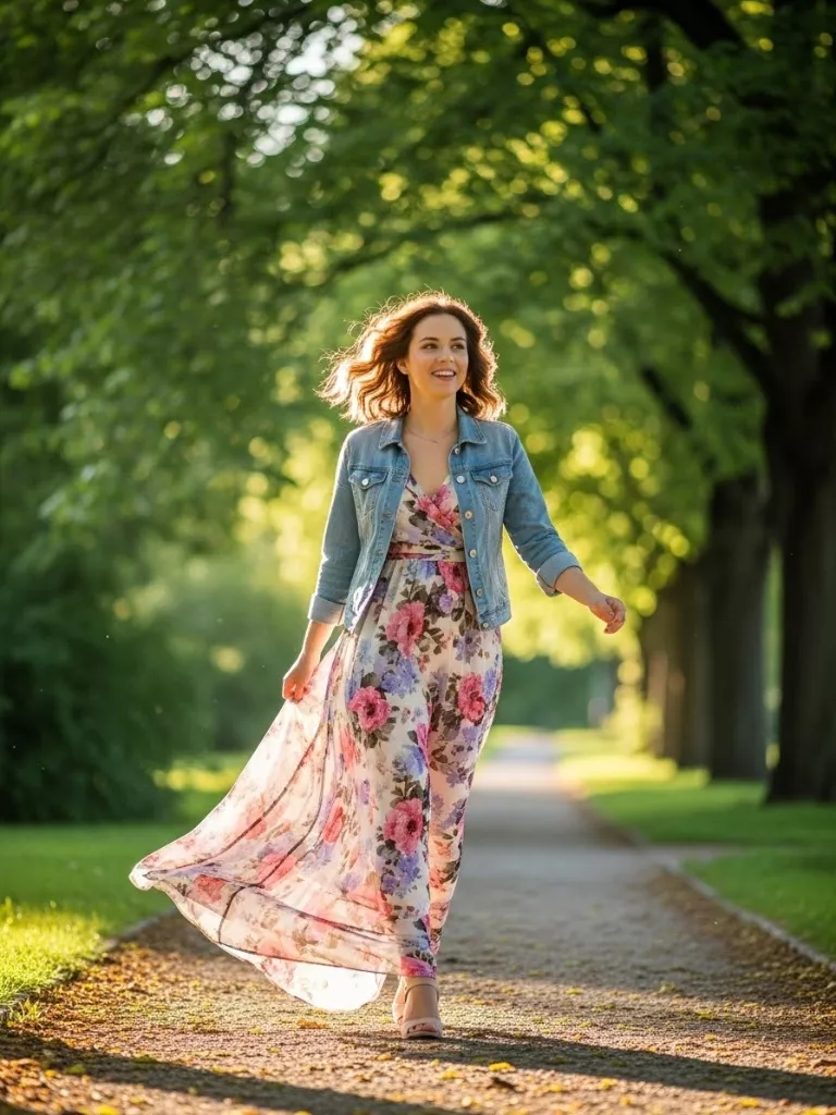 Flowing Maxi Dress with Denim Jacket