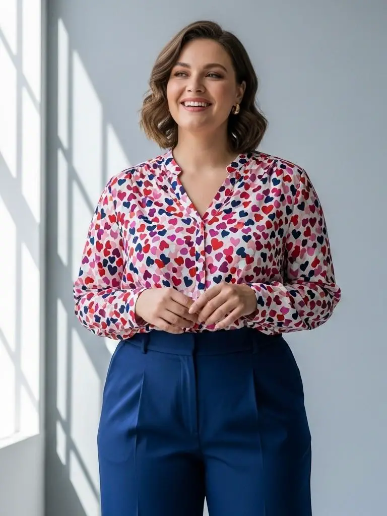  Heart-Print Blouse & High-Waist Pants