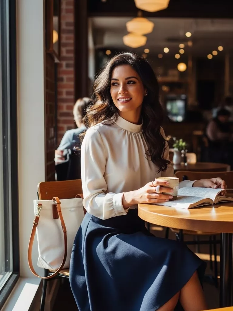 High-Neck Blouse with A-Line Skirt