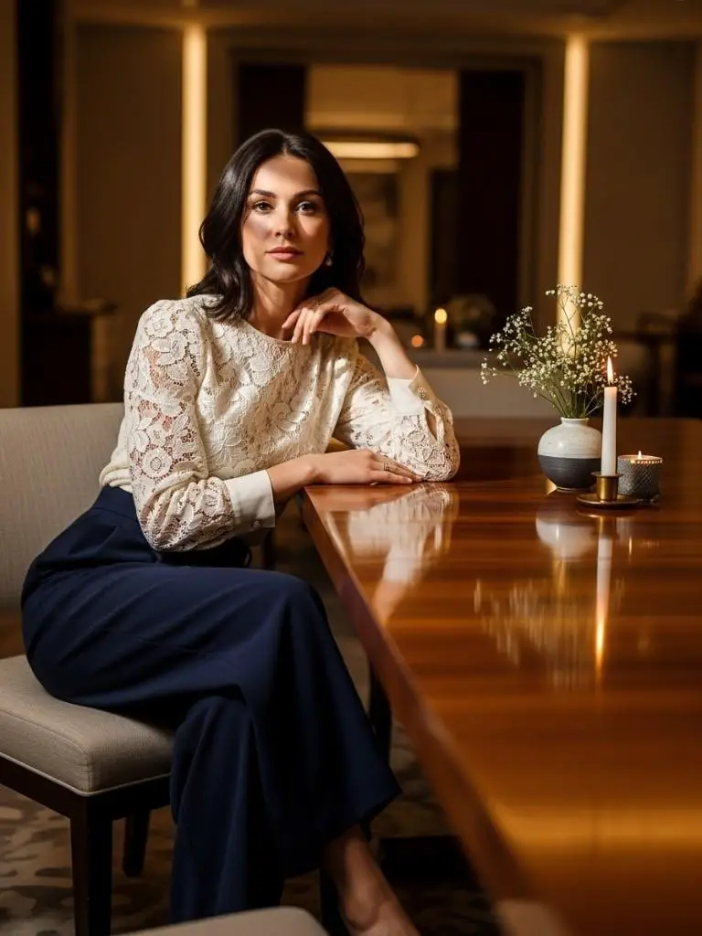 High-Waist Wide-Leg Pants With a Lace-Sleeve Blouse