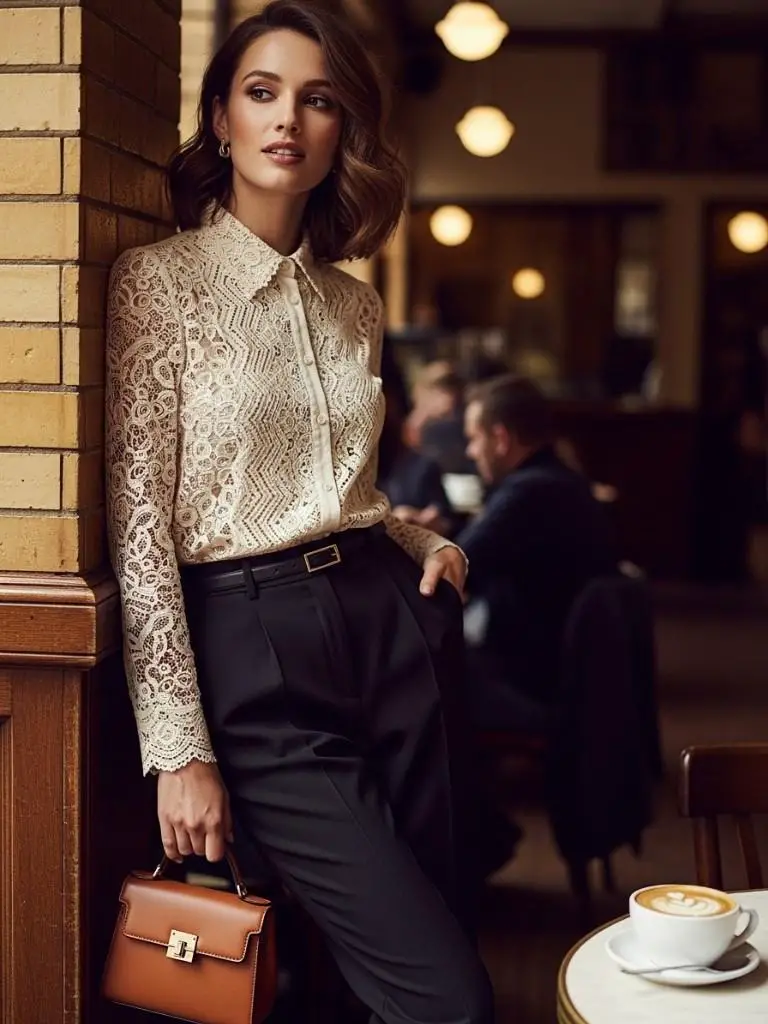 Lace Top with High-Waisted Pants