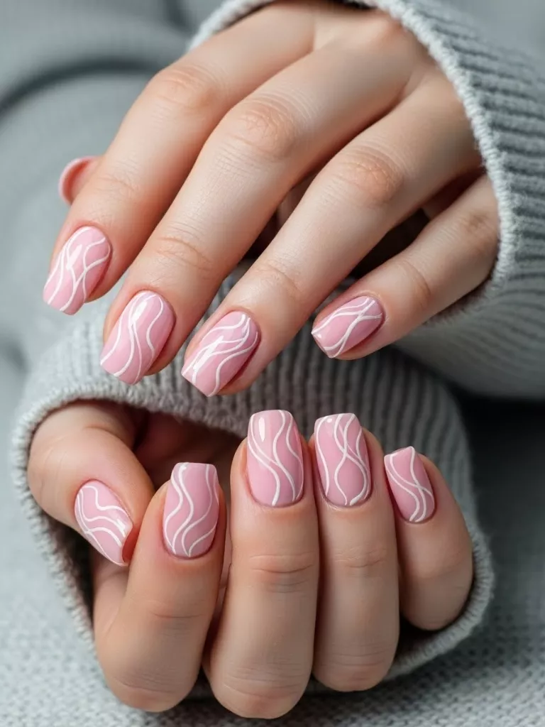  Light Pink Nails With White Swirls