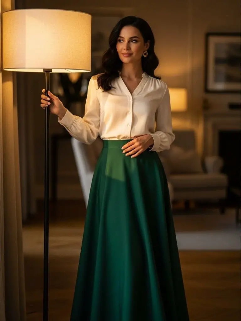  Long A-Line Skirt With a Button-Up Blouse