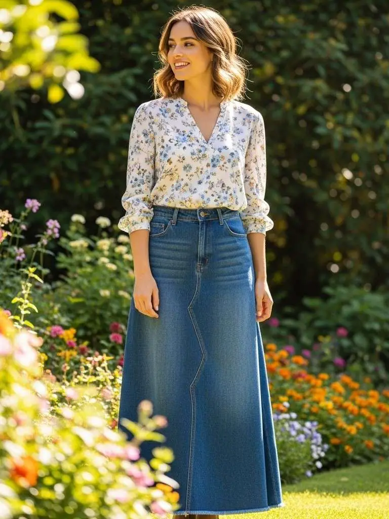 Long Denim Skirt With a Soft Blouse