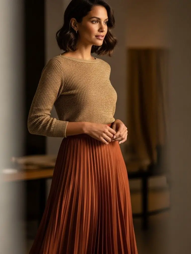 Long Pleated Skirt With a Tucked-In Knit Top
