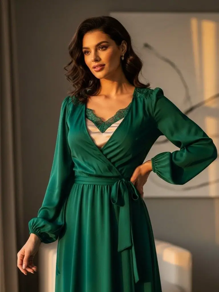 Long-Sleeve Wrap Dress With a Camisole Layer