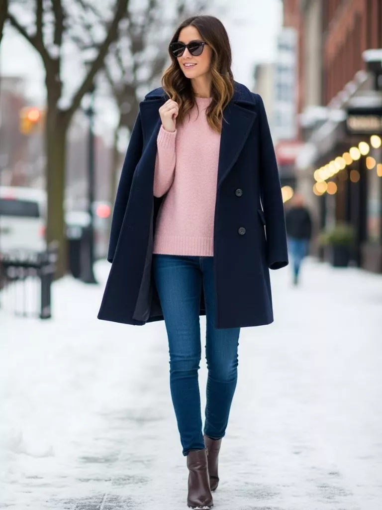 Navy Peacoat Over Pink Sweater