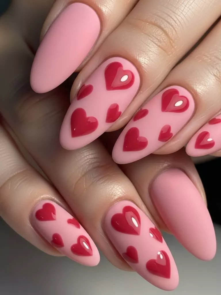 Pink Matte Nails With Glossy Hearts
