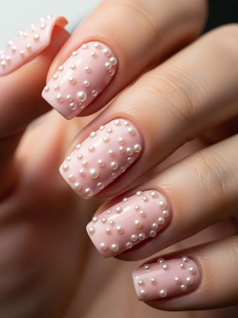 Pink Nails With Pearl Accents