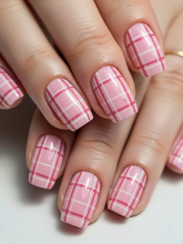  Pink Plaid Nails