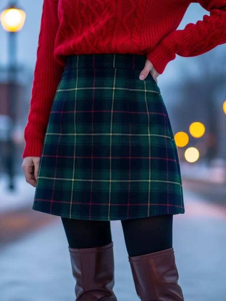 Red Knit Sweater With Plaid Mini Skirt