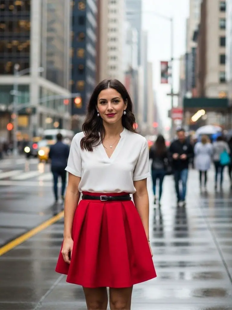 Red Skater Skirt with White Blouse