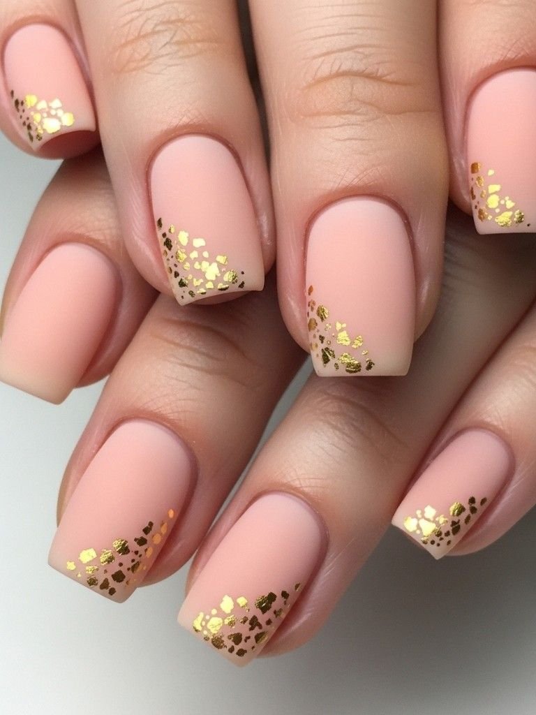 Soft Peach Nails With Gold Specks