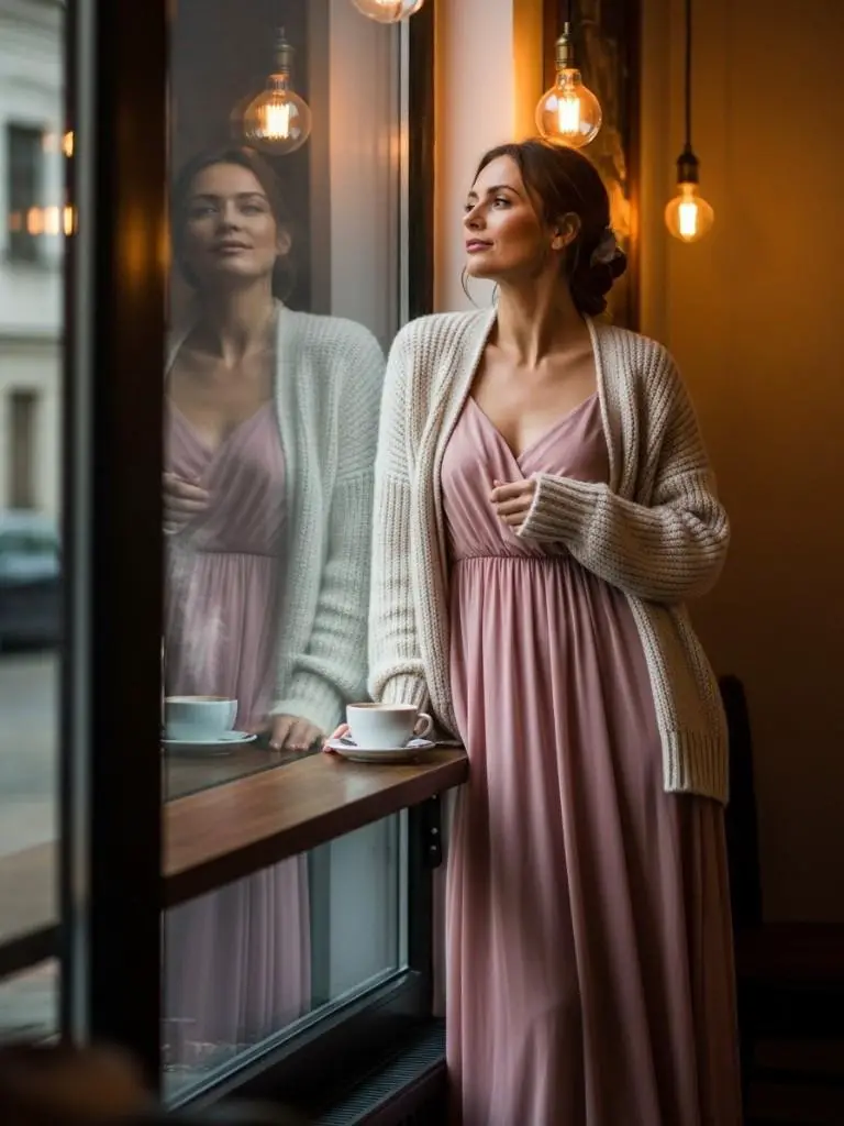 Soft Pink Maxi Dress With Cozy Cardigan