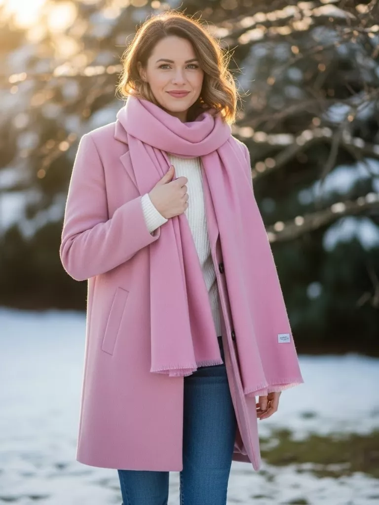  Soft Pink Wool Coat With Matching Scarf