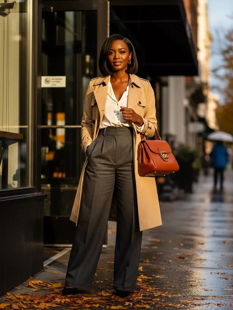 Trench Coat with Wide-Leg Pants