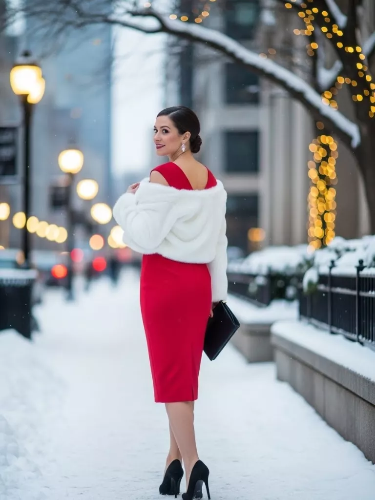 White Faux Fur Jacket Over Red Dress