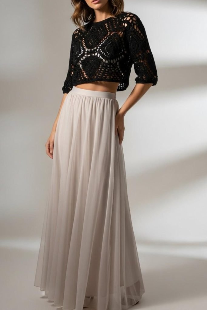 Black Crochet Crop Top With Flowing Skirt
