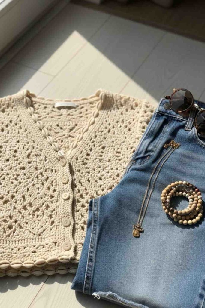 Button-Front Crochet Top With Straight-Leg Jeans