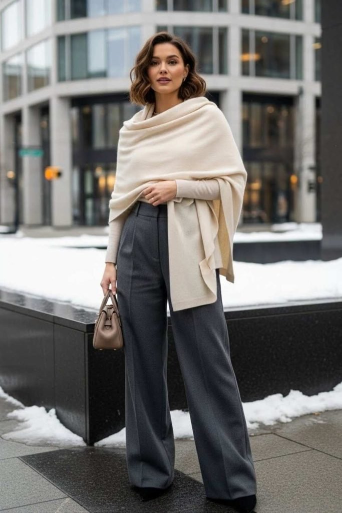 Cashmere-Like Shawl With Wide-Leg Pants