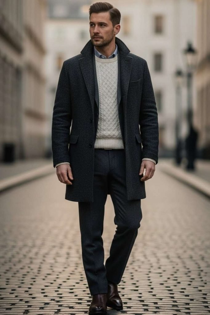 Classic Wool Coat with Knitwear