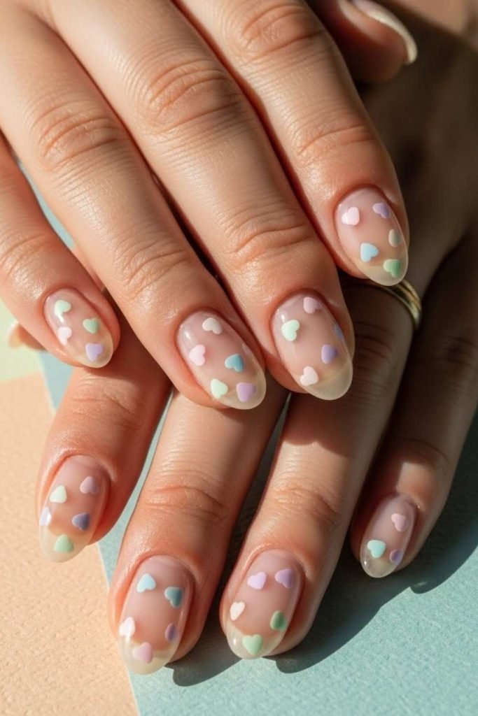 Clear Summer Nails With Tiny Hearts