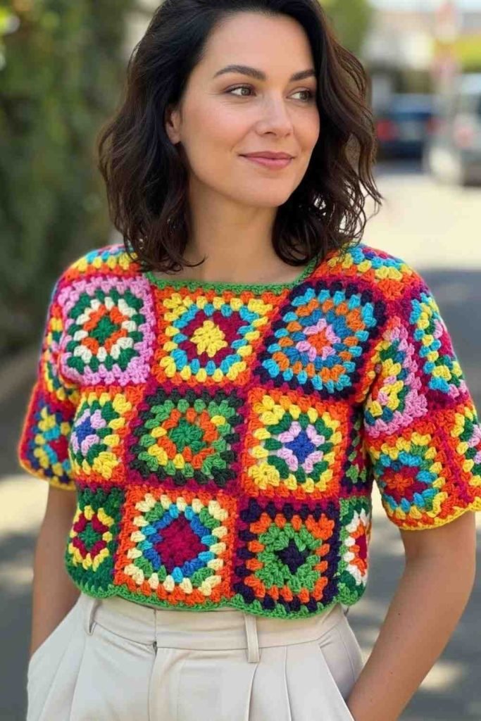 Colorful Granny Square Top With Simple Trousers