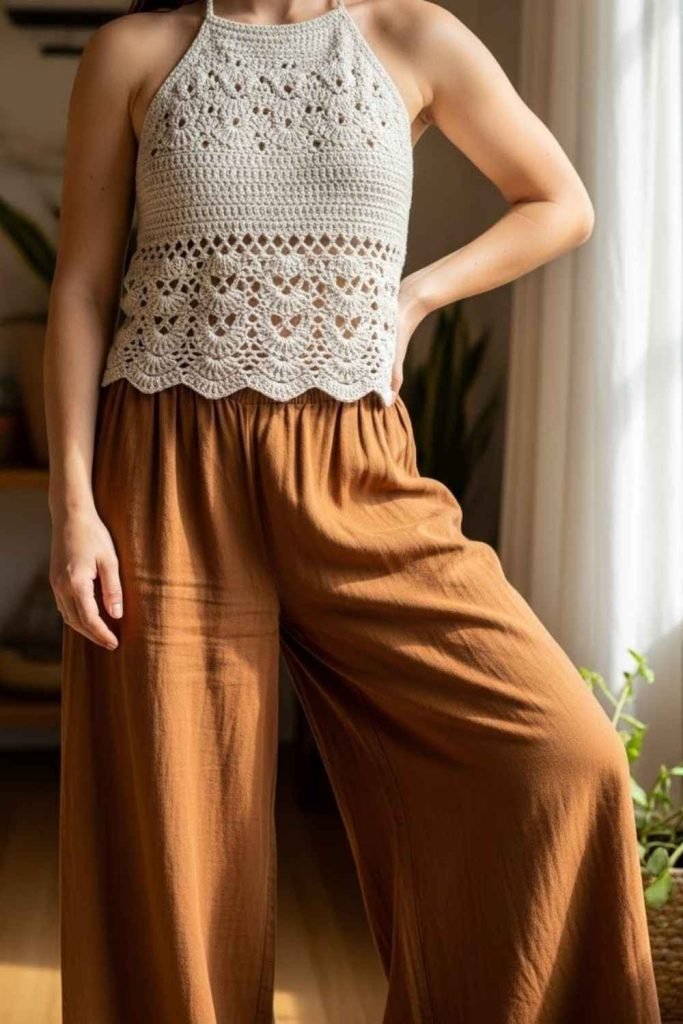 Halter Crochet Top With Wide-Leg Pants