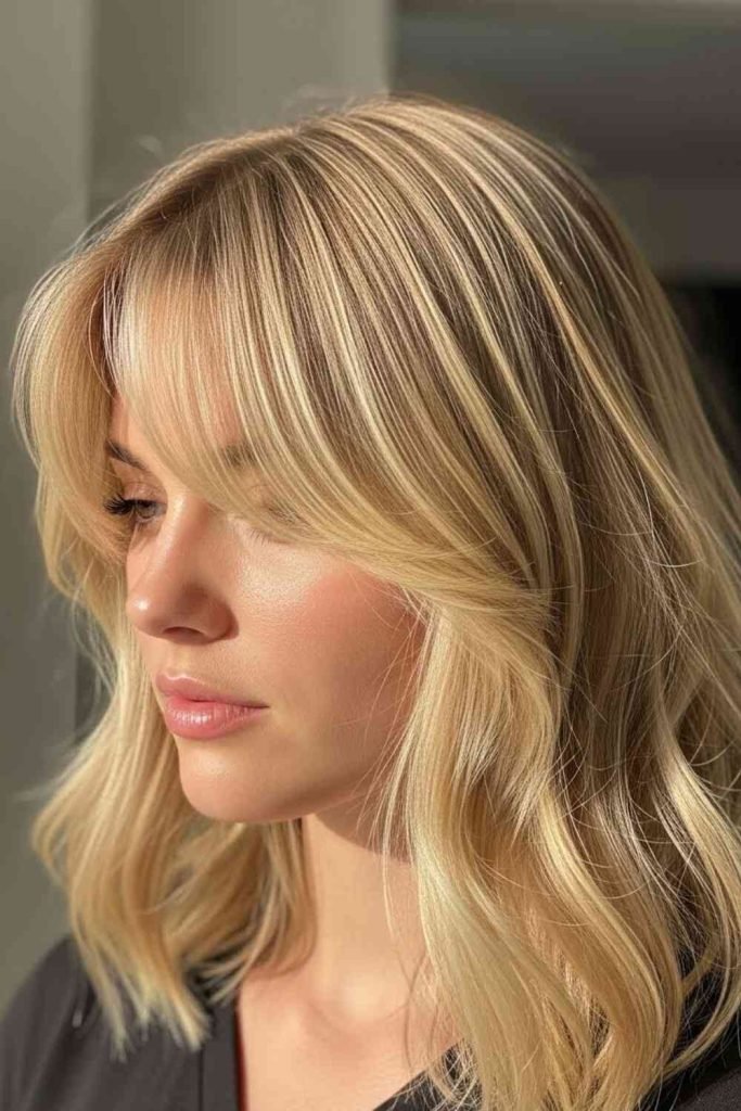Neutral Blonde Highlights with Curtain Bangs