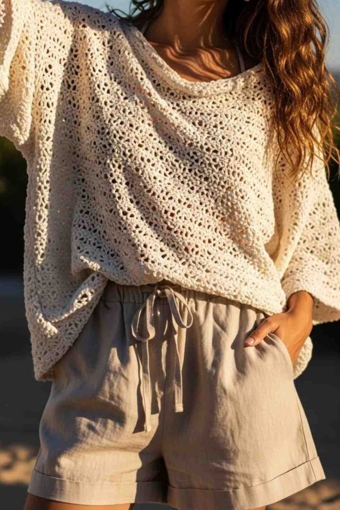Oversized Crochet Top With Linen Shorts