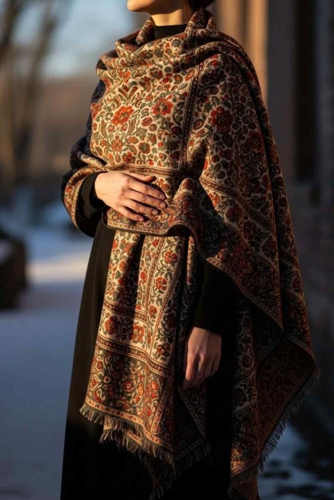 Patterned Shawl Over a Monochrome Outfit